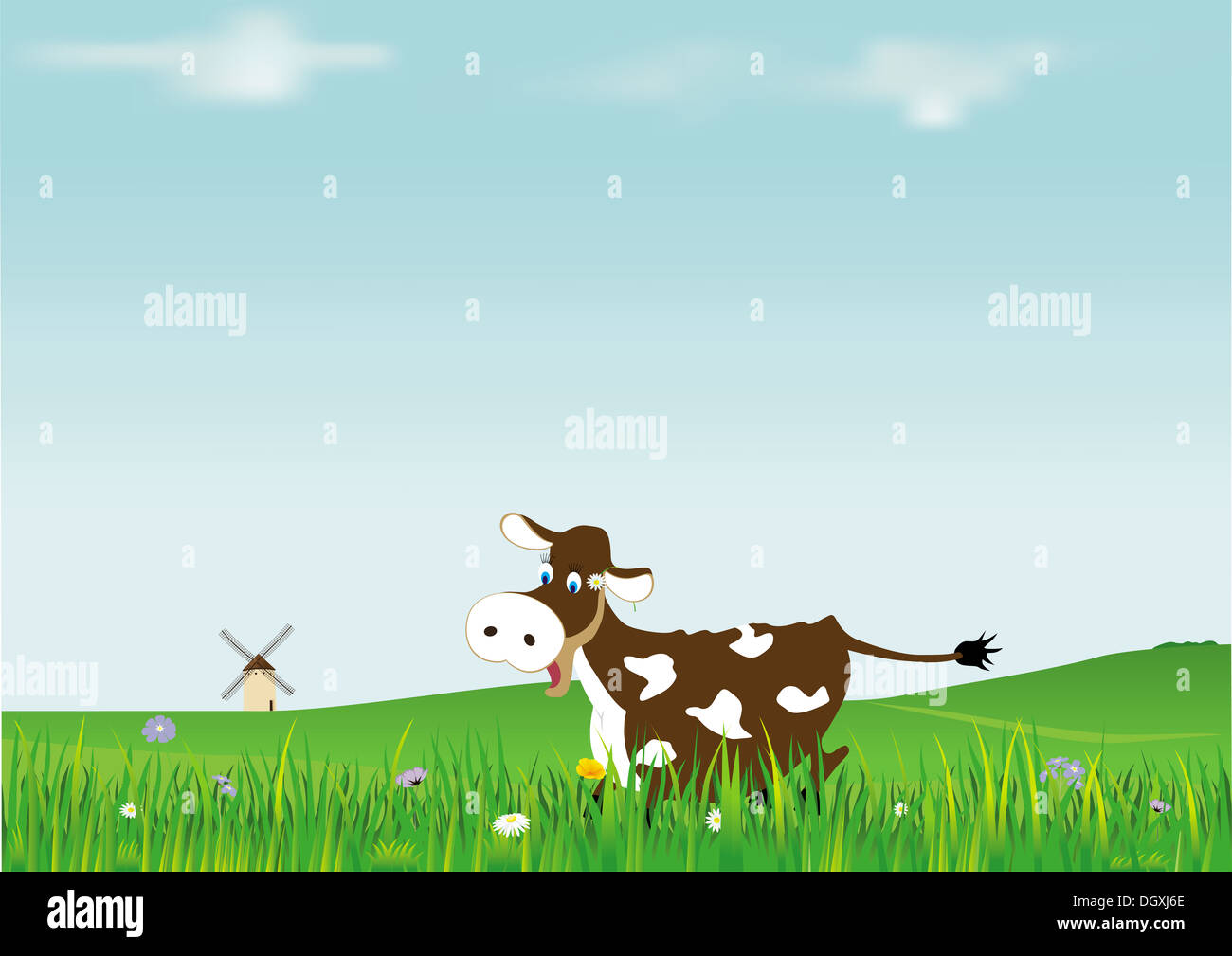 Comic-Kuh mitten in einem grünen Feld Stockfoto