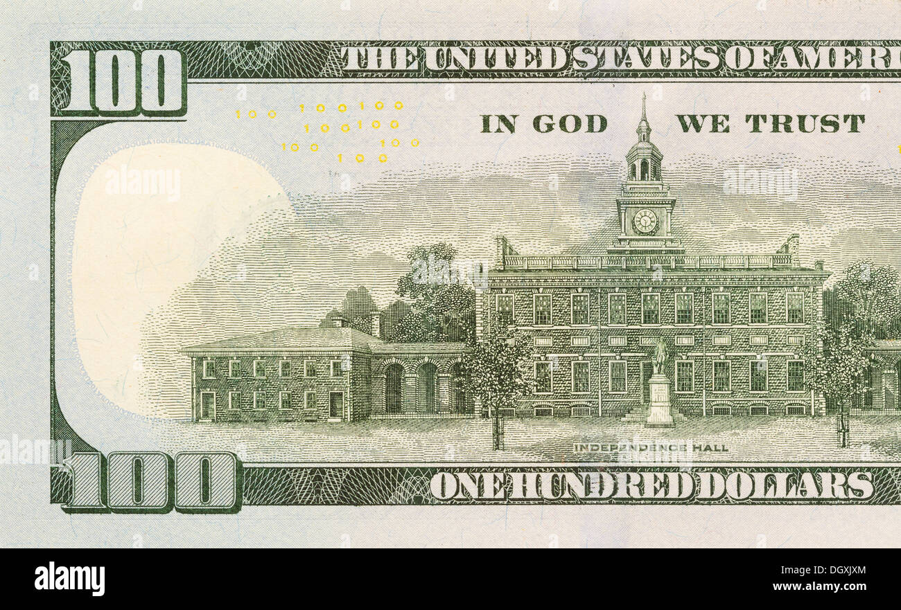 Hinten links die Hälfte der neu gestaltete US-Währung One Hundred Dollar Bill. Stockfoto