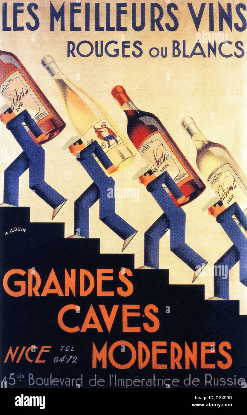 Les Meilleurs Vins - Rouges Ou Blancs - Grandes Caves Modernes, ein Vintage Poster, 1930 - Redaktion verwenden nur. Stockfoto