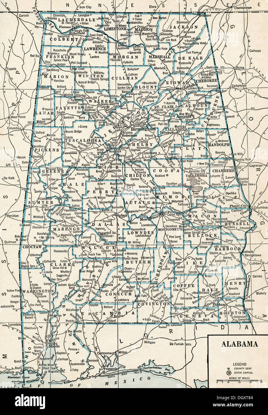 Alte Karte von Alabama State, 1930er Jahre Stockfoto