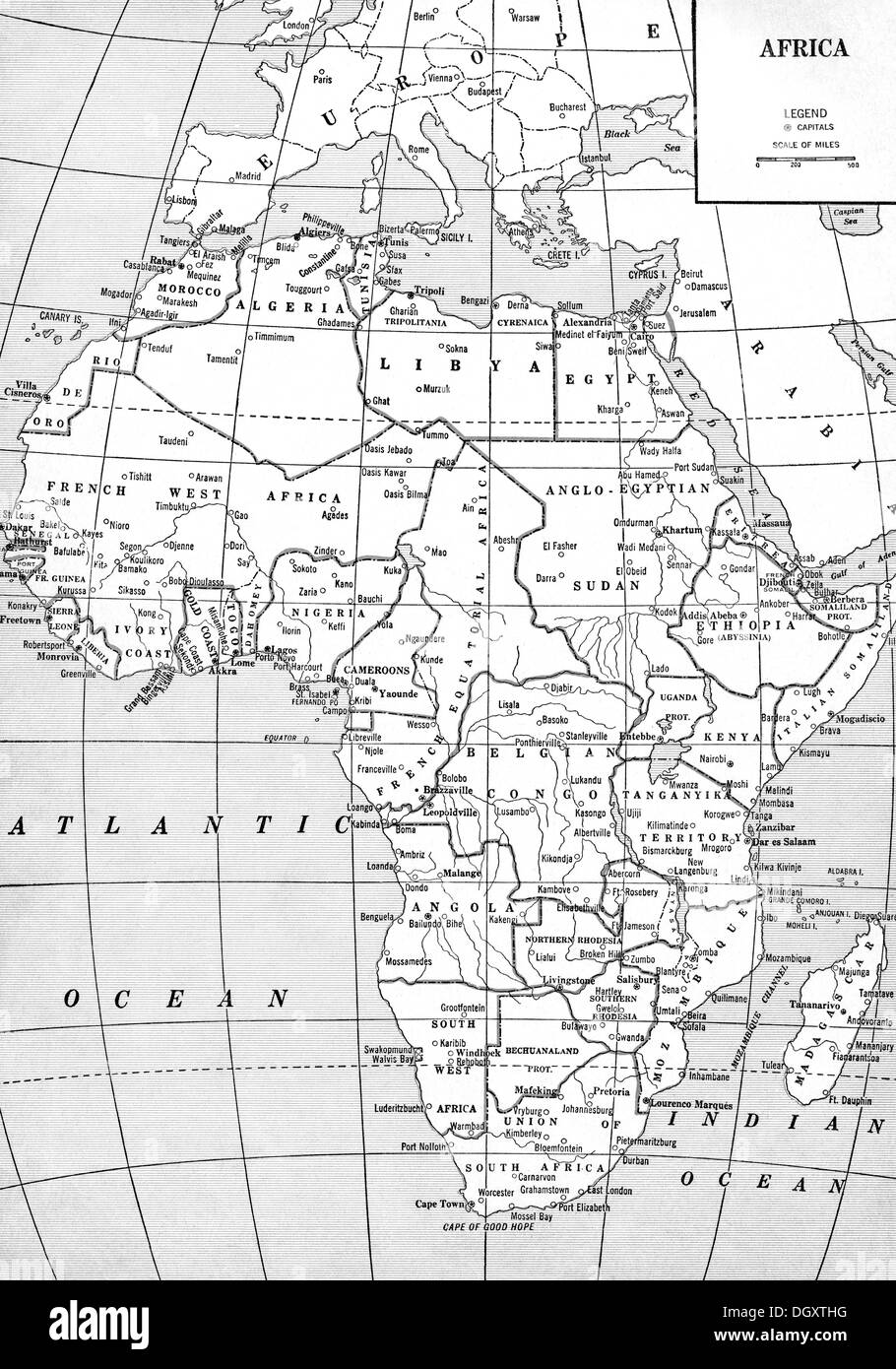 Alte Karte von Afrika, 1930er Jahre Stockfoto