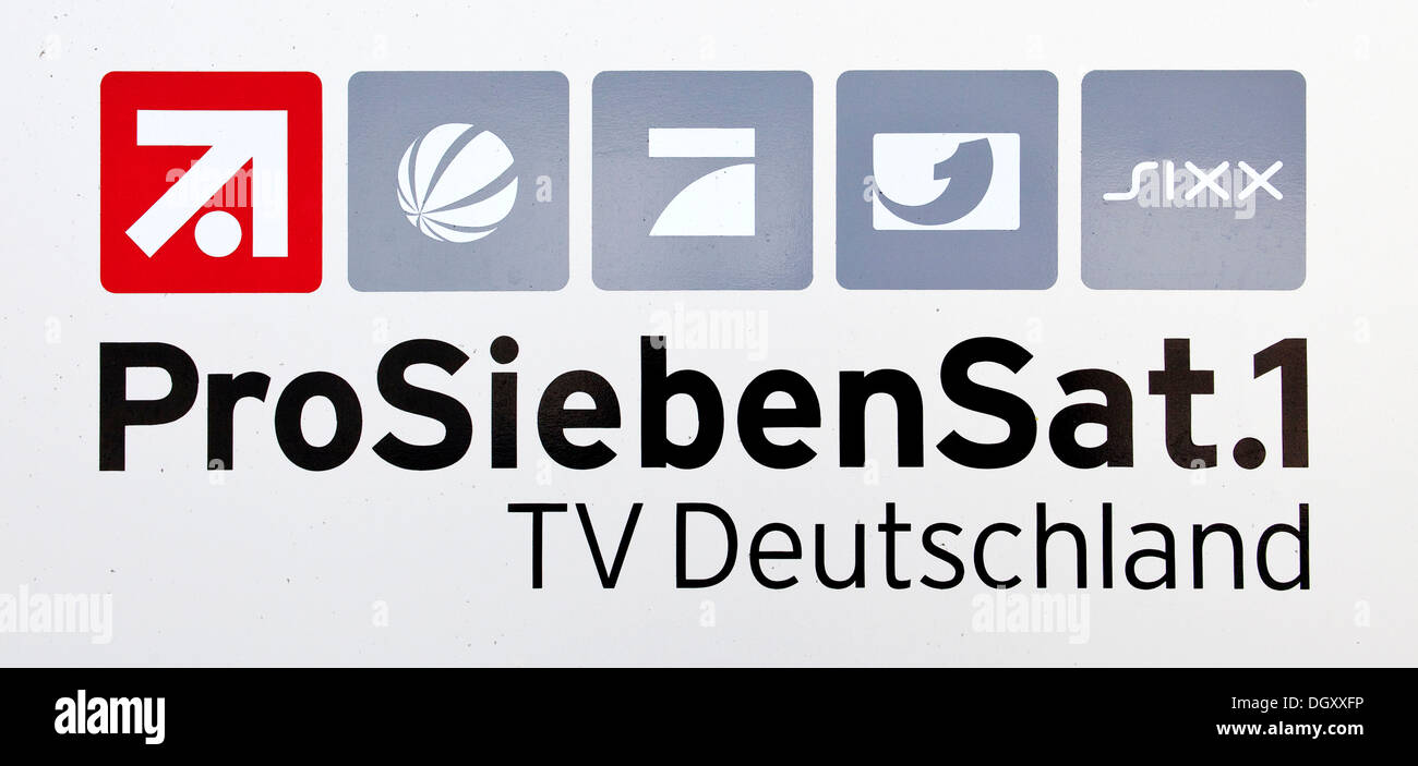 Logo der verschiedenen Kanäle in der ProSiebenSat1. Media AG in Unterföhring bei München, Bayern Stockfoto