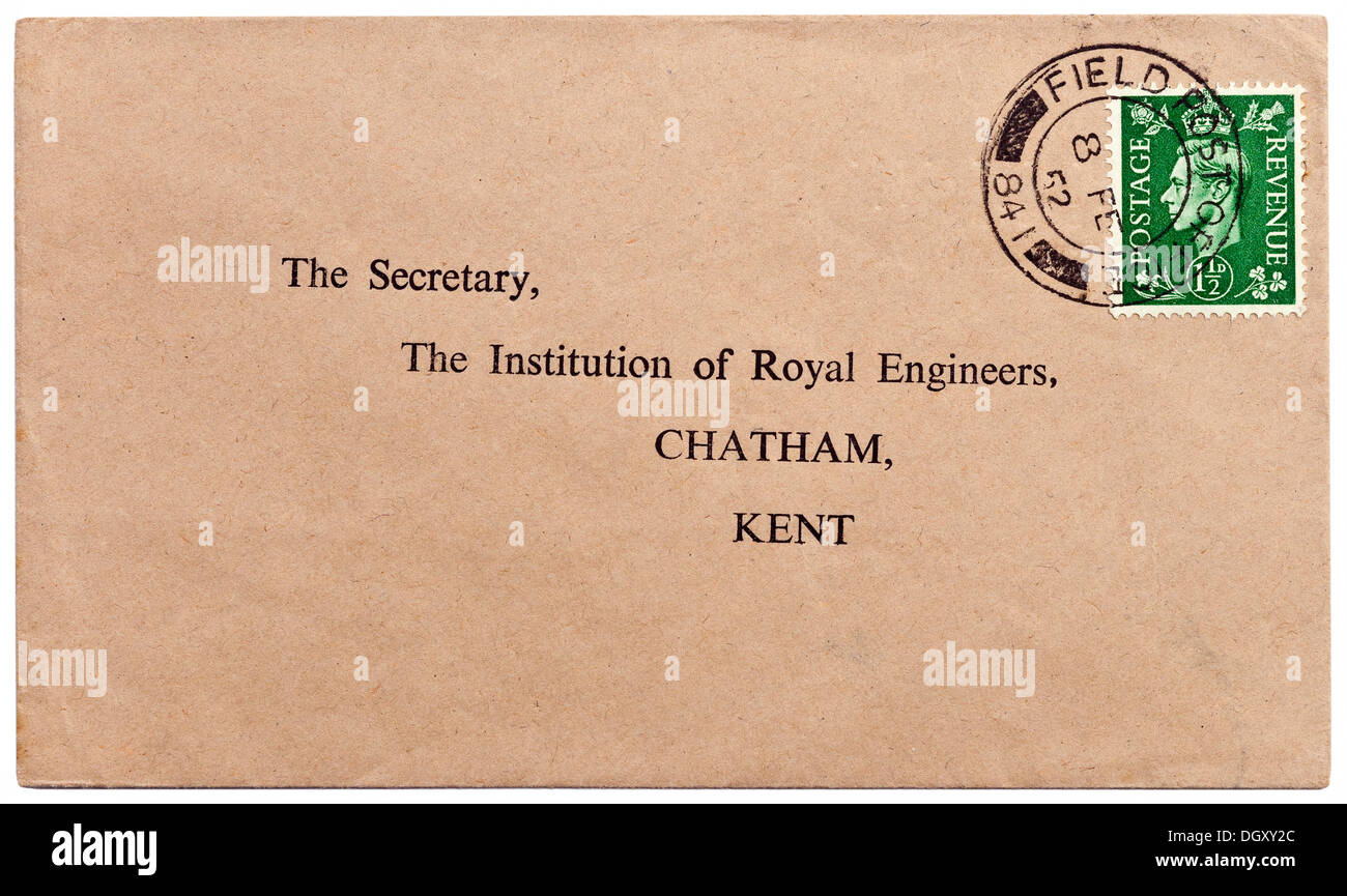 1952 GB Brief mit König George VI 1 1/2d Stempel mit F.P.O. ' Field Post Office' Armee Poststempel. Stockfoto