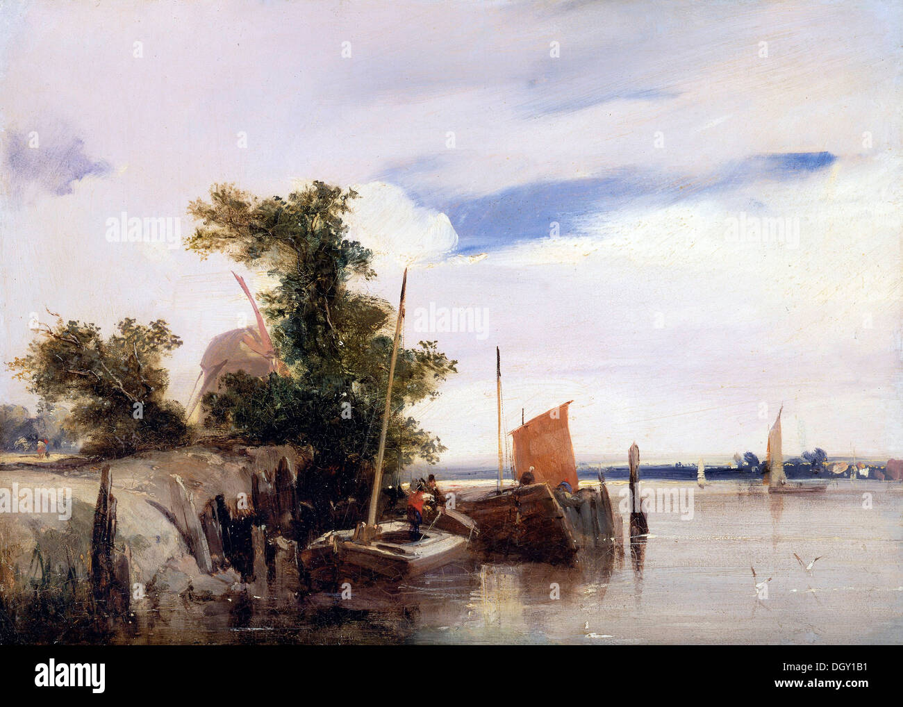 Richard Parkes Bonington, Lastkähne auf einem Fluss 1826 Öl auf Vollpappen. Yale Center for British Art, New Haven, USA. Stockfoto