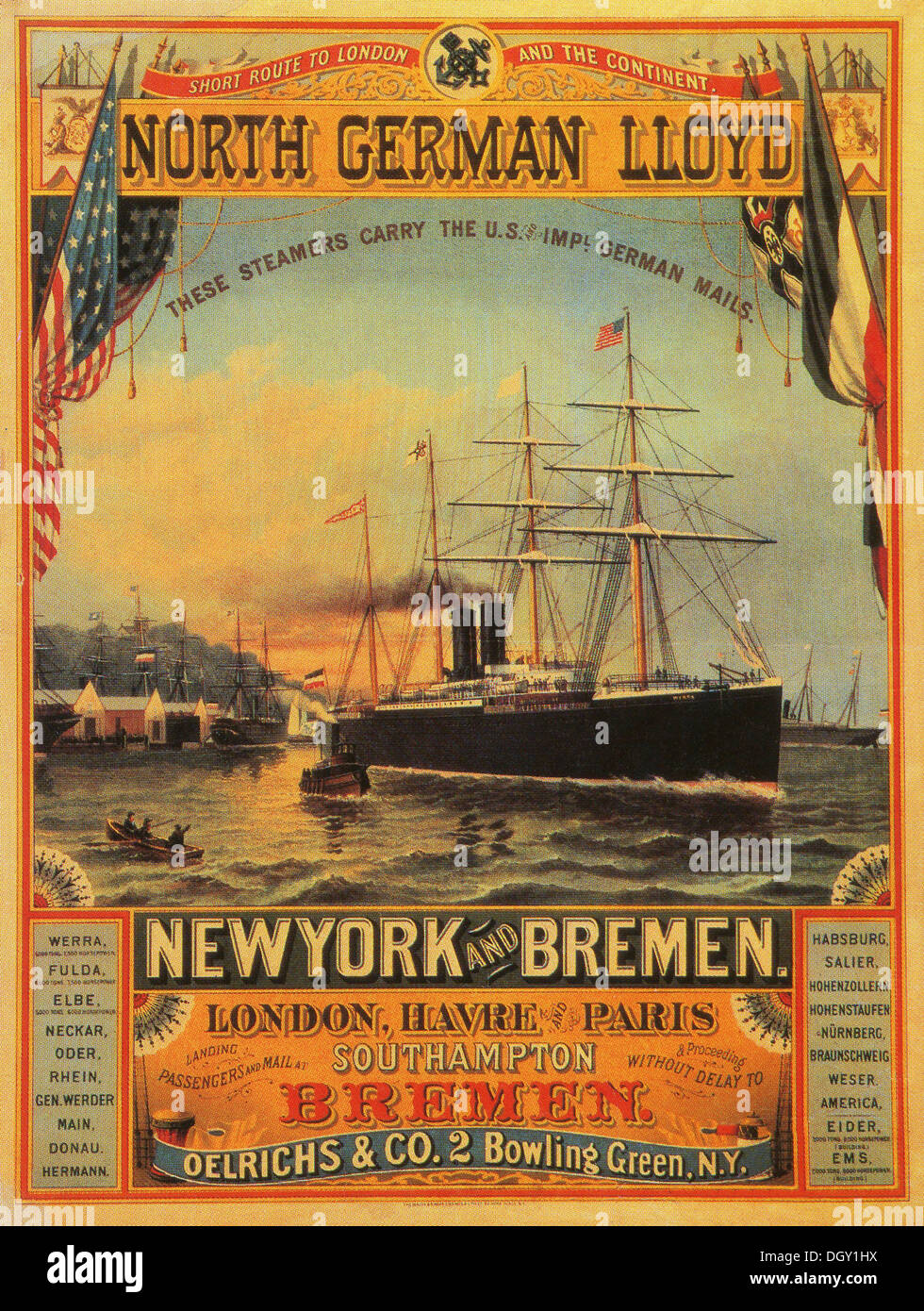 New York nach Bremen Schiff Linie - ein Oldtimer Reise Poster, 1875 - nur zur redaktionellen Verwendung. Stockfoto