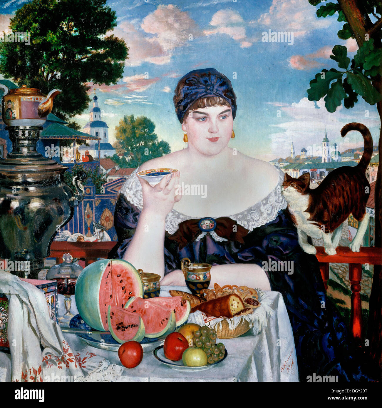 Boris Kustodijew, Kaufmannsfrau beim Tee. 1918-Öl auf Leinwand. Staatlichen russischen Museum, Sankt Petersburg, Russland. Stockfoto