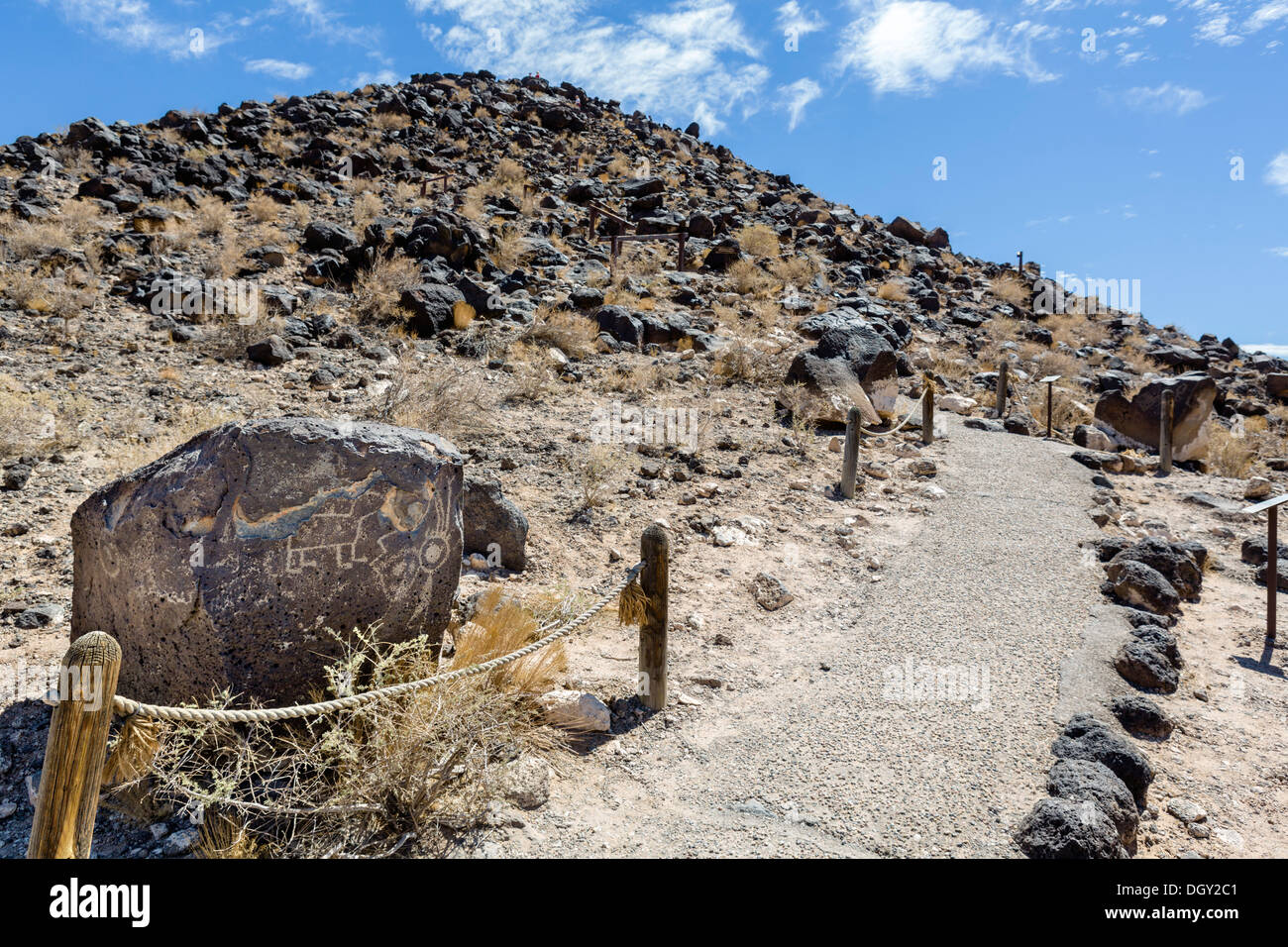 Petroglyph auf Mesa Point Trail in Boca Negra Canyon Abschnitt der Petrogrlyph National Monument, Albuquerque, New Mexico, USA Stockfoto