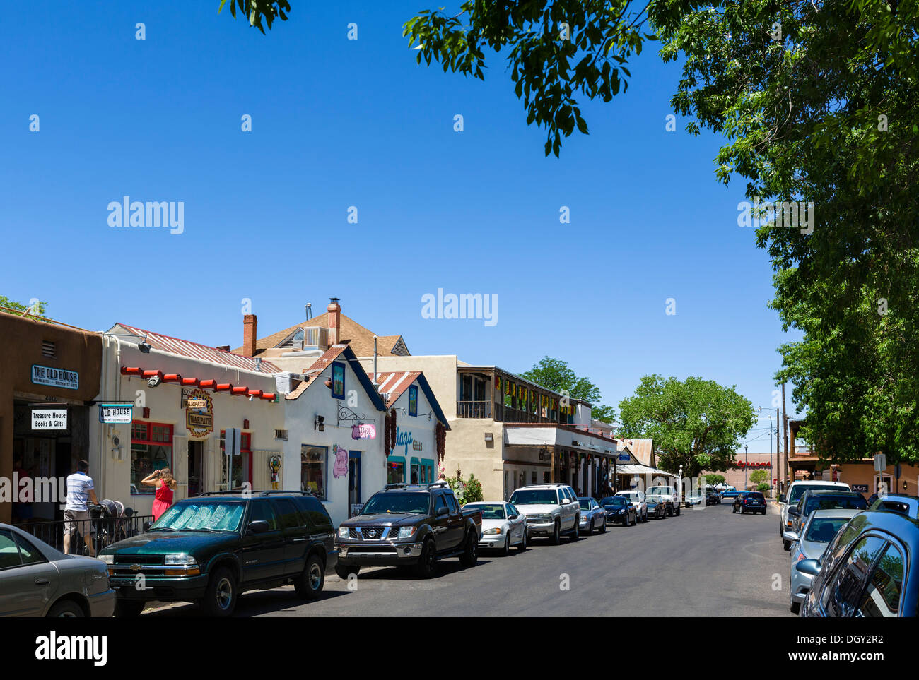 Geschäfte auf der Old Town Plaza, Altstadt, Albuquerque, New Mexico, USA Stockfoto