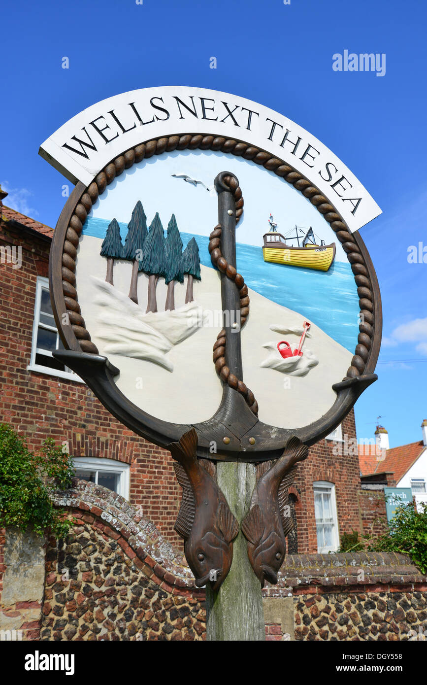 Ortsschild, Wells-Next-the-Sea, Norfolk, England, Vereinigtes Königreich Stockfoto
