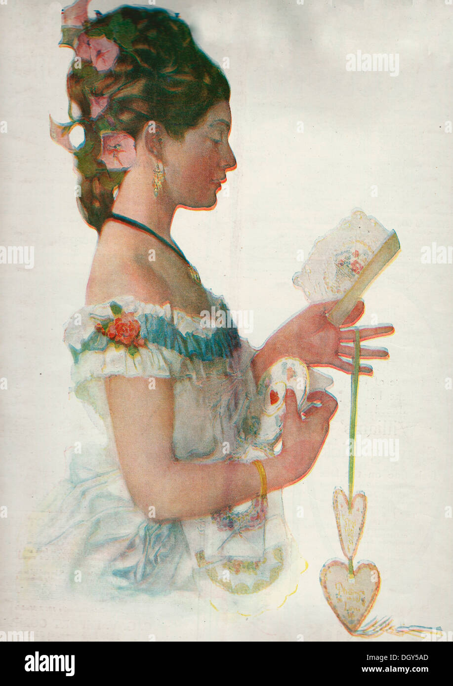 Valentine - Mädchen Karte zu lesen und hält Herz - viktorianischen Valentinstag Stockfoto