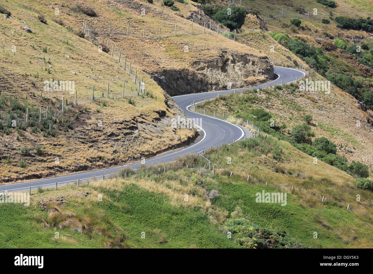 Leere Serpentinenstraße Hügel auf der Otago Peninsula, Südinsel, Neuseeland Stockfoto