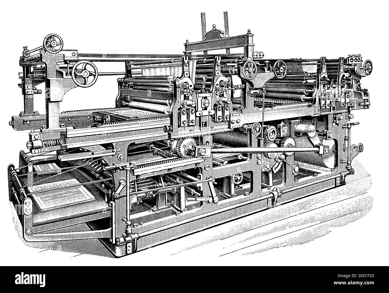 Planographic Druck Rotationsmaschine von A. Hamm in Heidelberg und Frankenthal, Abbildung aus Meyers Konversations-Lexikon Stockfoto