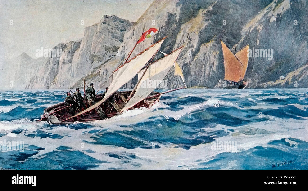 Österreichischen Zollfahnder ein verdächtiges Boot am Gardasee, Illustration aus Jahrbuch moderne Kunst in Meister-Holzschnitten nach Stockfoto