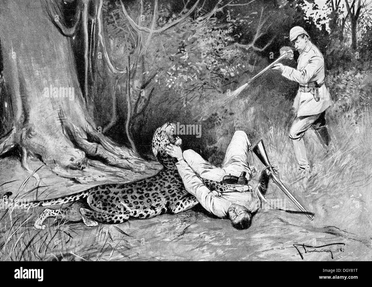 Leoparden jagen in Deutsch-Südwestafrika, Illustration aus dem Jahrbuch für moderne Kunst in Meister-Holzschnitten, 1900, Namibia Stockfoto