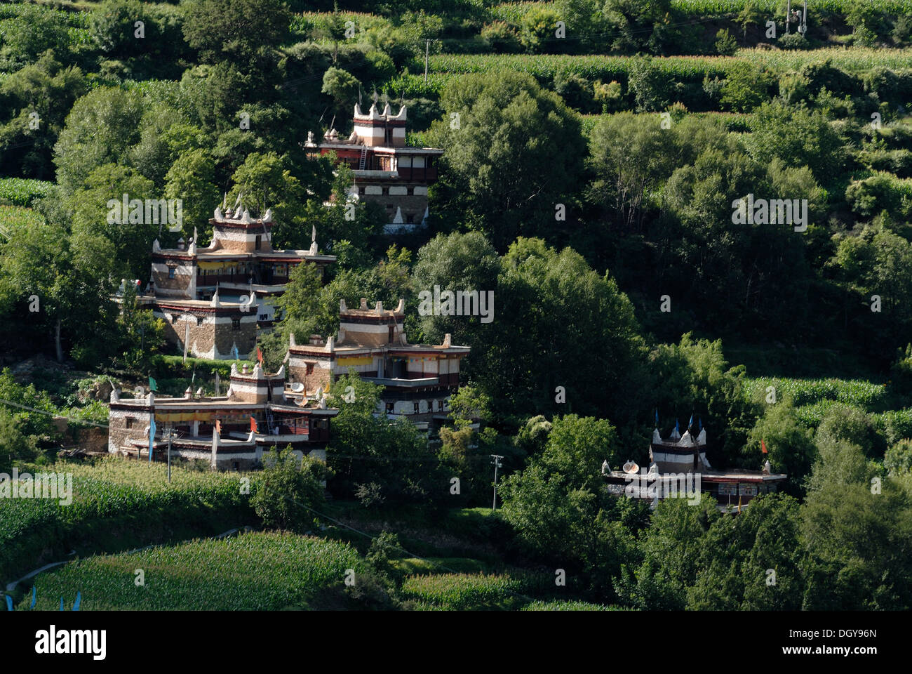 Tibetischen Häuser, Architektur in der alten Kham in Joaju Zangzhai Dorf, Danba, jetzt Sichuan, China, Asien Stockfoto