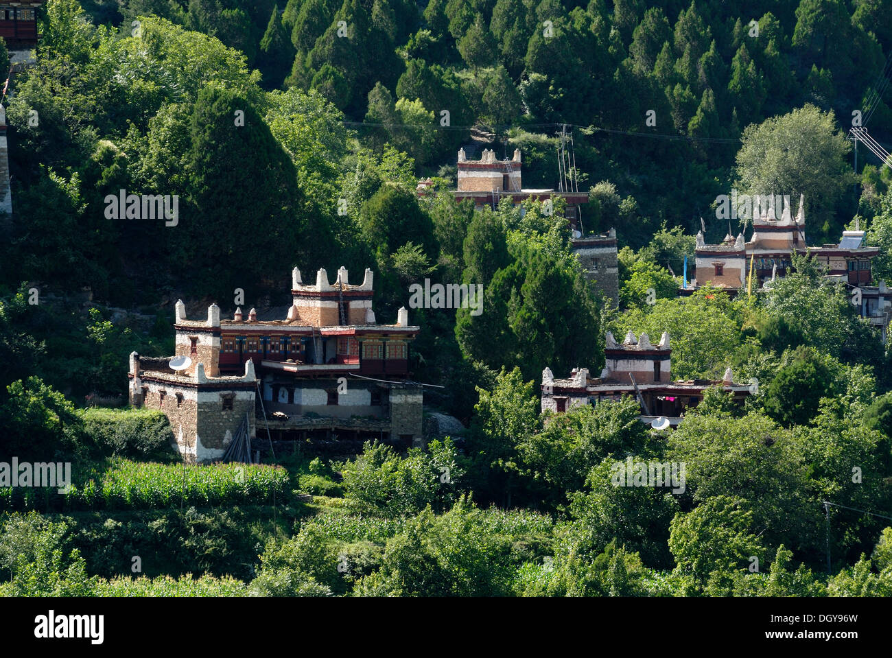 Tibetischen Häuser, Architektur in der alten Kham in Joaju Zangzhai Dorf, Danba, jetzt Sichuan, China, Asien Stockfoto