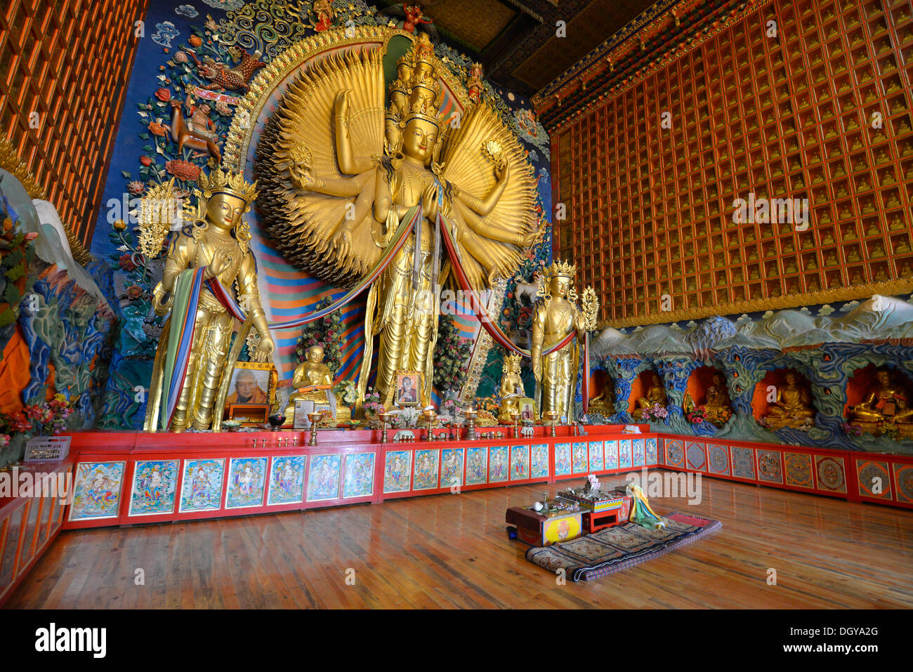 Tibetischen Buddhismus, neuen großen vergoldeten Buddha-Statue, Avalokiteshvara mit tausend Armen, Wutun Si Monastery, Tongren, Repkong Stockfoto