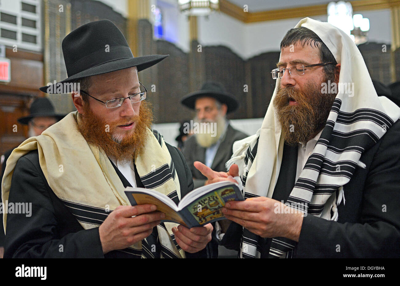 Religiöse jüdische Männer beten Bris Preisverleihung in Brooklyn, New York. Die Moel ist auf der rechten Seite, Vater auf der linken Seite. Stockfoto