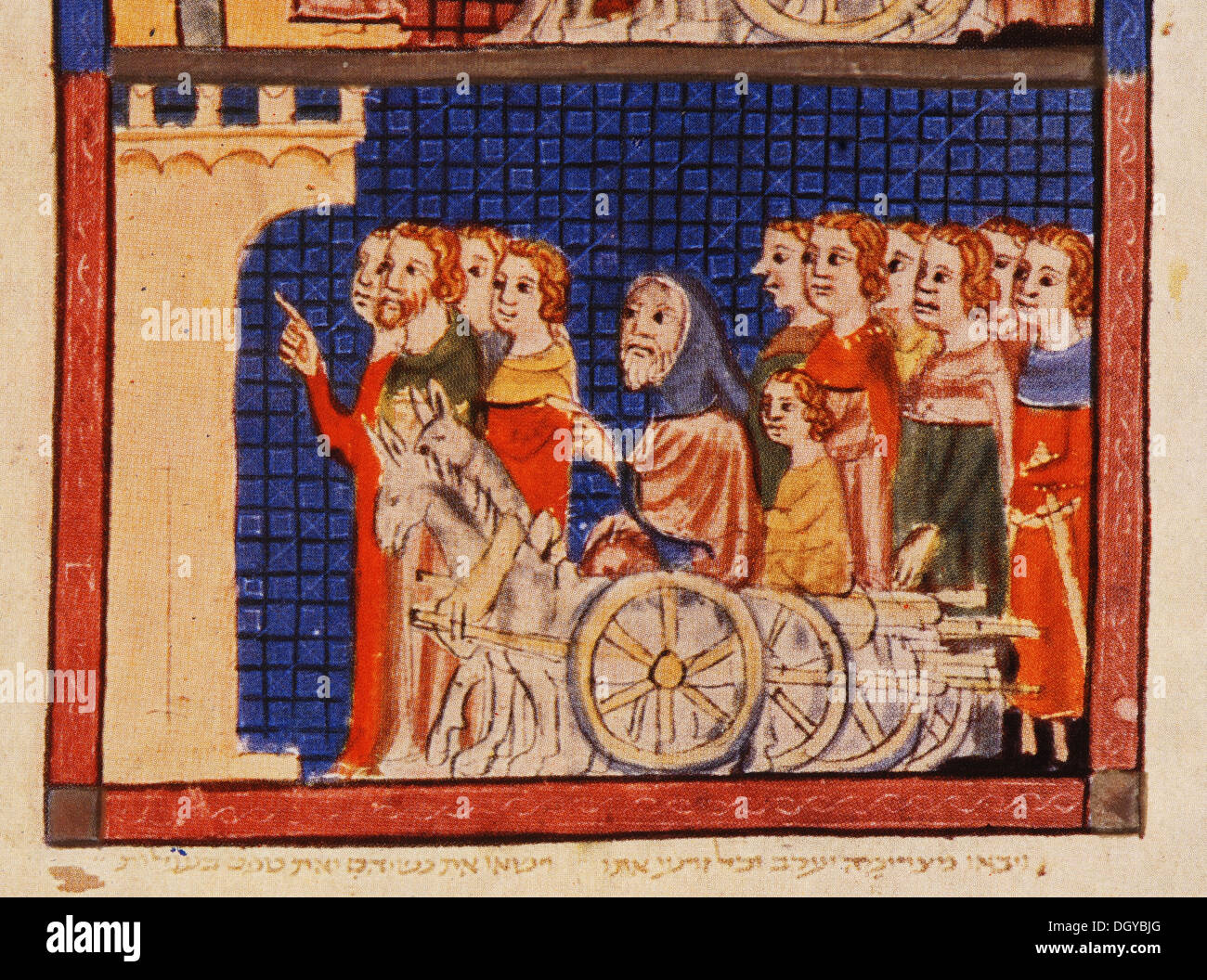 5716.Jews wird Expeled von einer Stadt in Europa. ILLUSTRATION AUS DEM SARAJEVO HAGGADA, EIN 14. C. HEBRÄISCHES MANUSKRIPT AUS SPANIEN Stockfoto