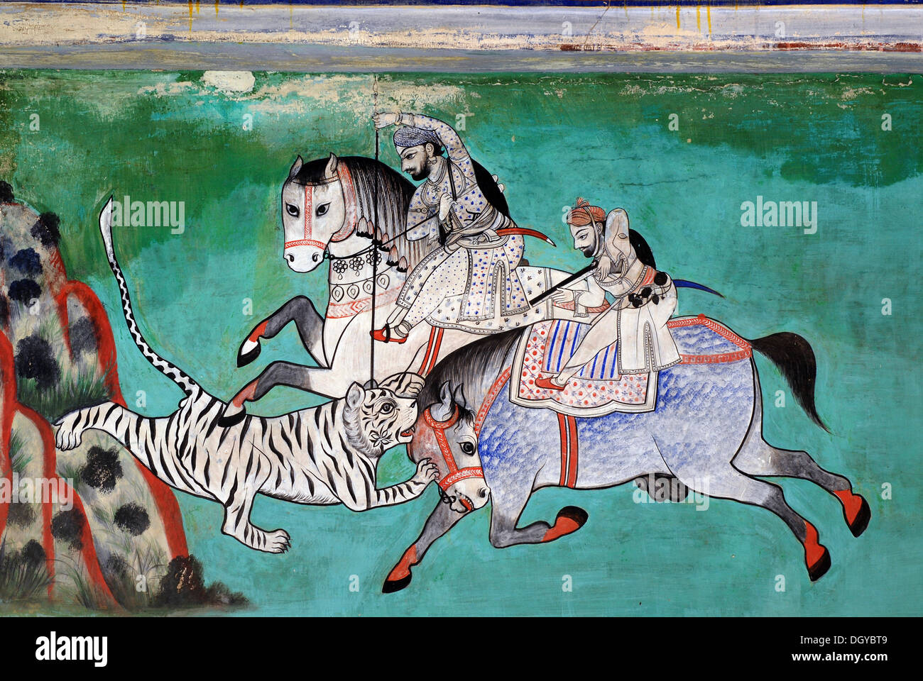 Fresko von einer Jagd Szene, Juna Mahal, antiken Palast von Dungarpur, Rajasthan, Indien, Asien Stockfoto
