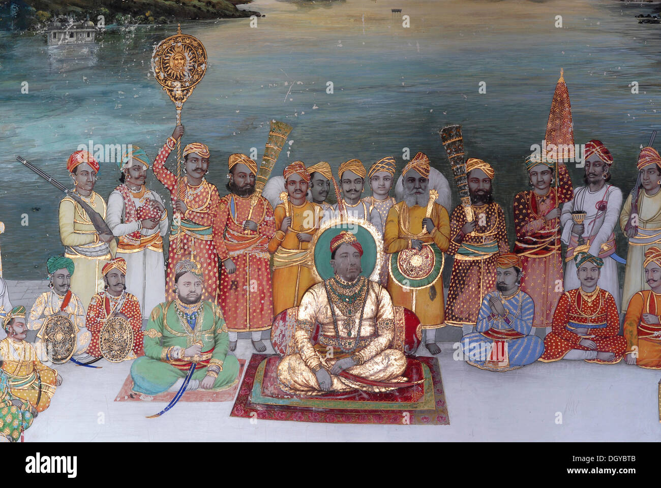 Maharaja von Dungarpur geben ein Publikum mit seinem Gefolge, Juna Mahal, antiken Palast von Dungarpur, Rajasthan, Indien, Asien Stockfoto