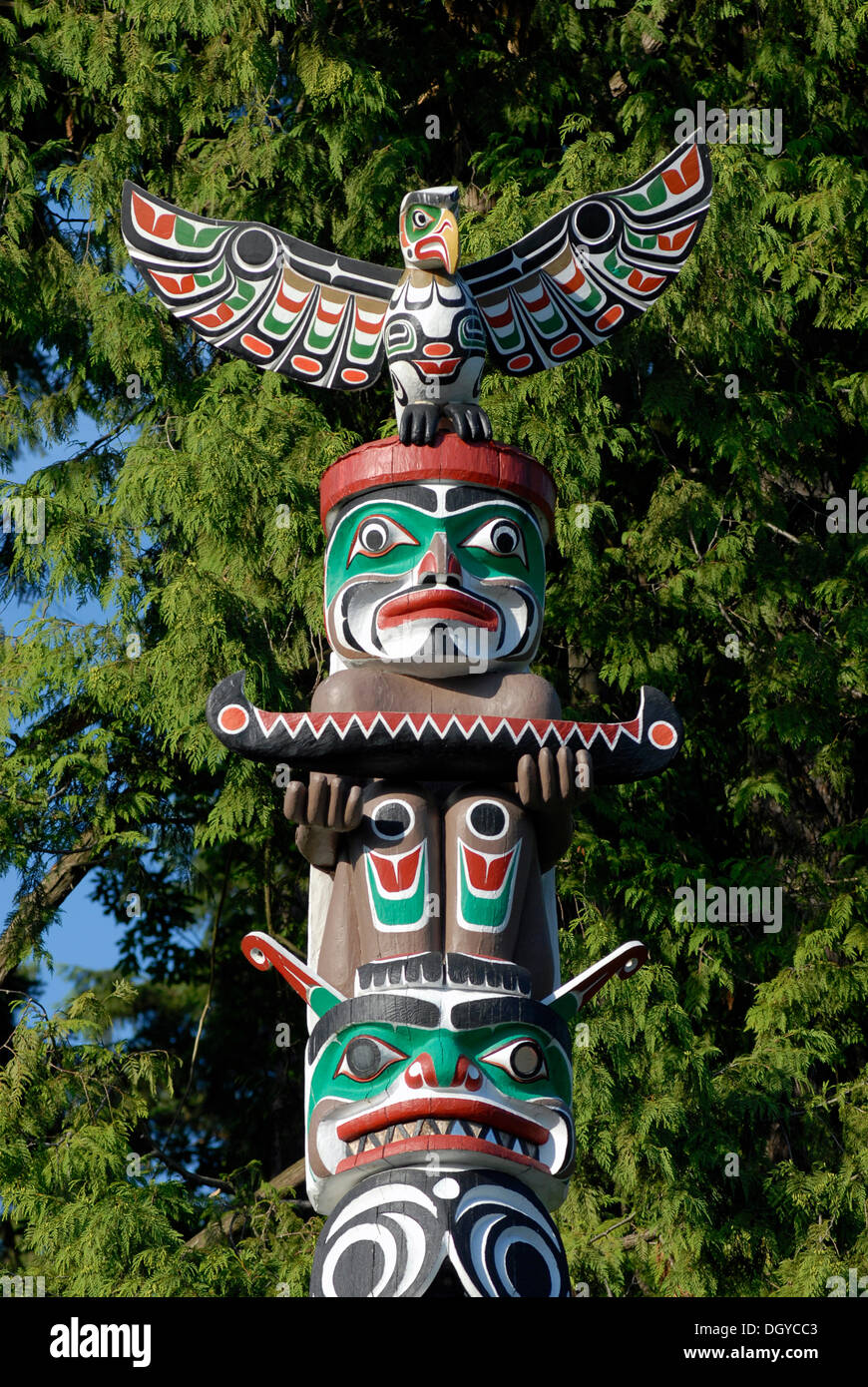 Totem, Totem Pole, Stanley Park, Vancouver, Britisch-Kolumbien, Kanada, Nordamerika Stockfoto