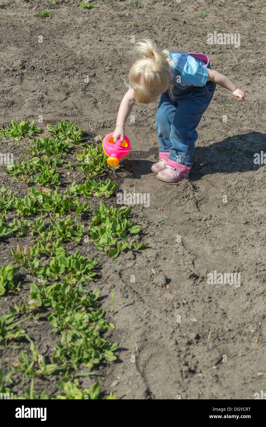 Mädchen Bewässerung von Pflanzen mit ihrer Gießkanne Stockfoto