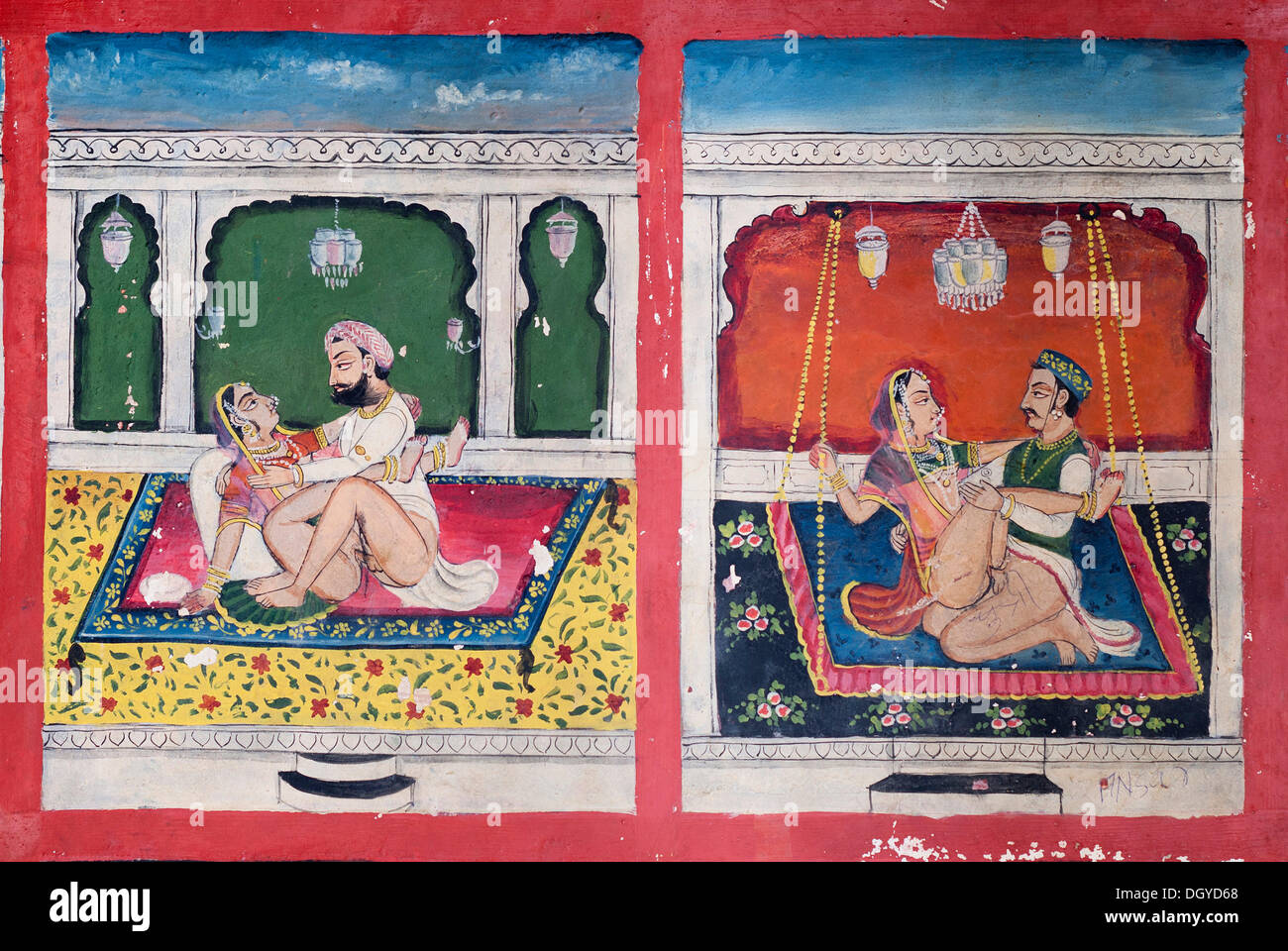 Szenen aus der Kamasutra, Juna Mahal, altes Schloss, Dungarpur, Rajasthan, Indien, Asien Stockfoto