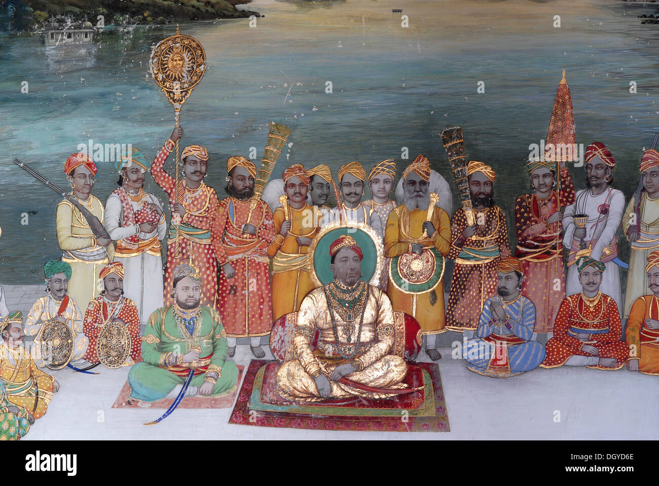 Malerei, Maharaja Dungarpur und sein Gefolge an ein Publikum, Juna Mahal, Alter Palast, Dungarpur, Rajasthan, Indien, Asien Stockfoto
