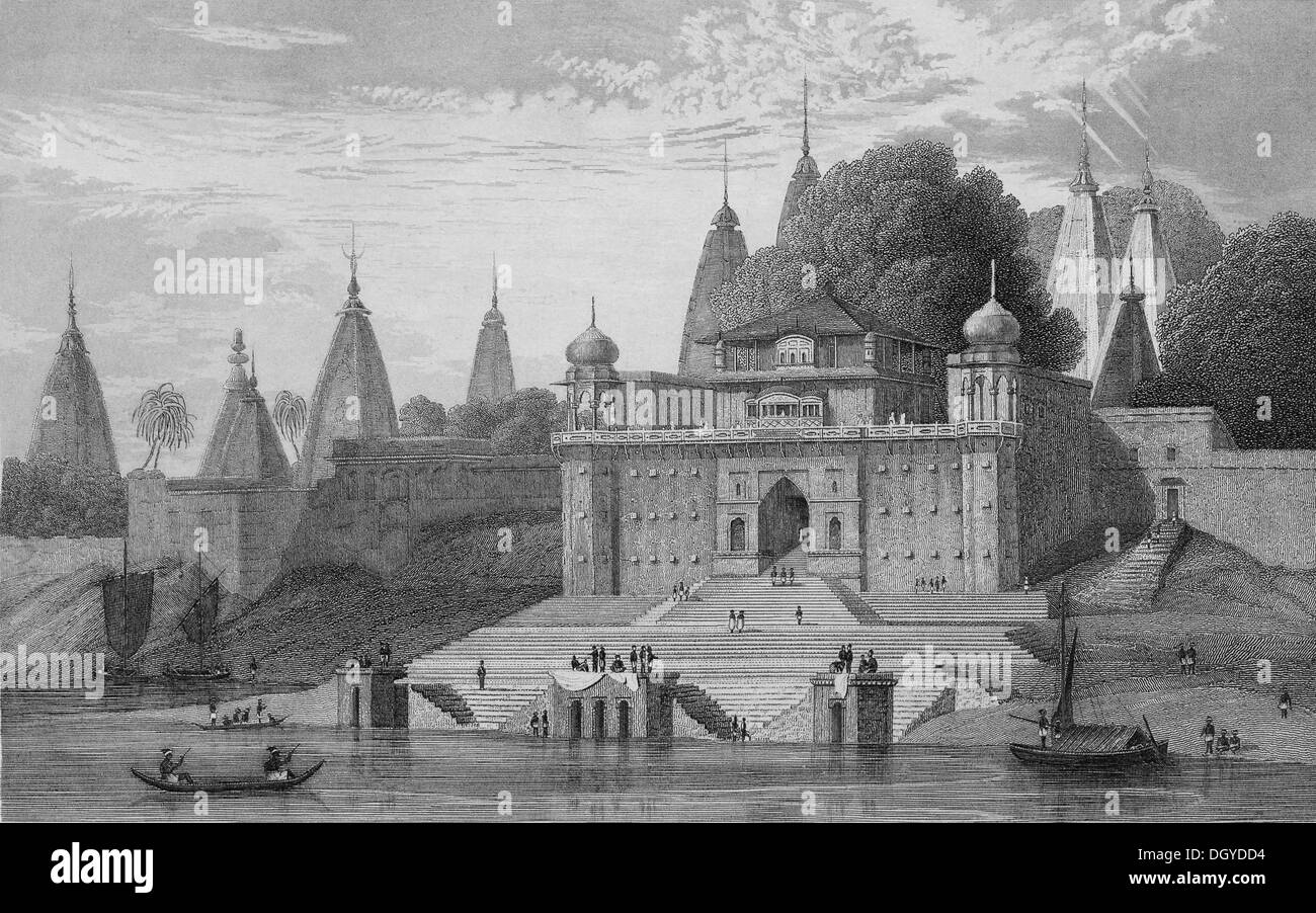 Historische Illustration, Benares oder Varanasi, Teilansicht mit Tempel am Ganges, Stahlstich aus der bibliographische Stockfoto