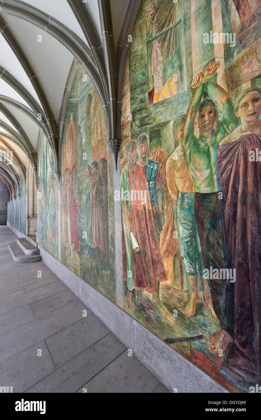 Fresken von Paul Bodmer im Kreuzgang der Abtei Fraumünster, Bilder auf einer Legende über die Gründung der Abtei Fraumünster Stockfoto