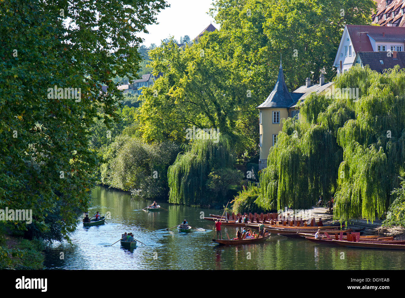 Ein Tretboot, ein Ruderboot und eine Anlegestelle für Stocherkähne auf dem Neckar, Hoelderlinturm Turm an der Rückseite, Neckarfront Stockfoto