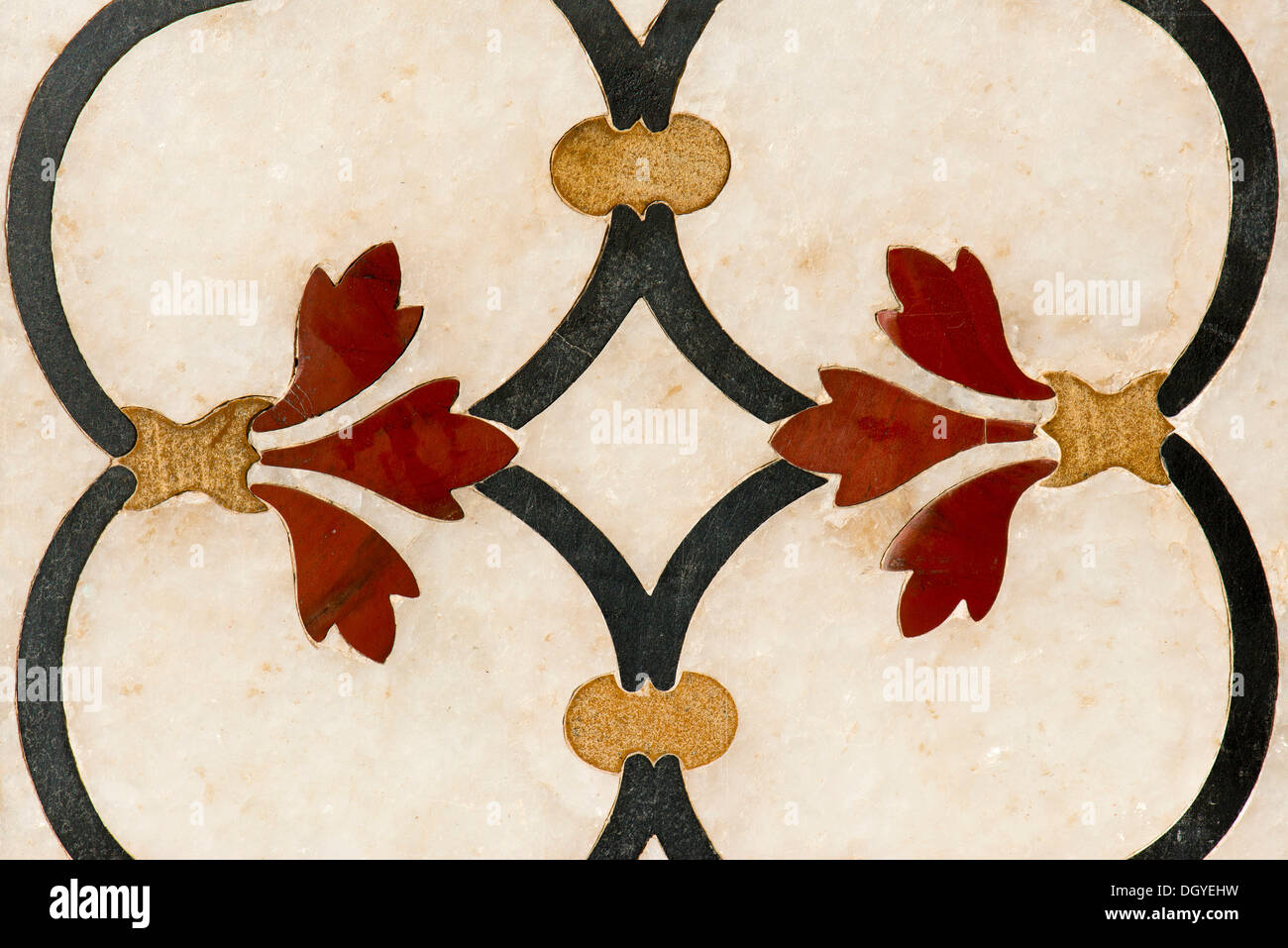 Blumen, Einlegearbeiten aus Halbedelsteinen in Marmor, Taj Mahal, UNESCO Weltkulturerbe, Agra, Uttar Pradesh, Indien Stockfoto