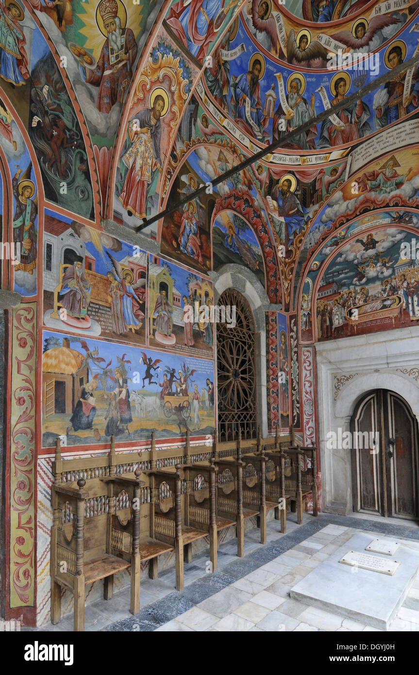 Wandmalerei und Deckenmalerei, Kloster Kirche Sweta bogorodiza, orthodoxe Kloster Rila, Weltkulturerbe der UNESCO, Bulgarien Stockfoto