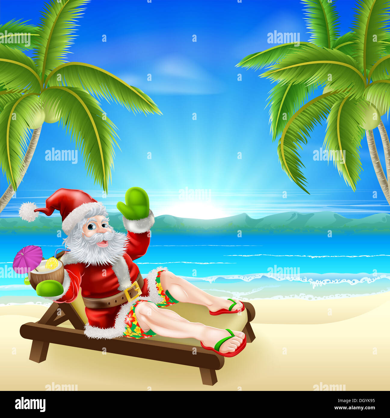 Weihnachten Sommer Santa entspannen im Liegestuhl am Strand unter Palmen  mit Getränk und in Bermuda oder Hawaiian Boardshorts Stockfotografie - Alamy