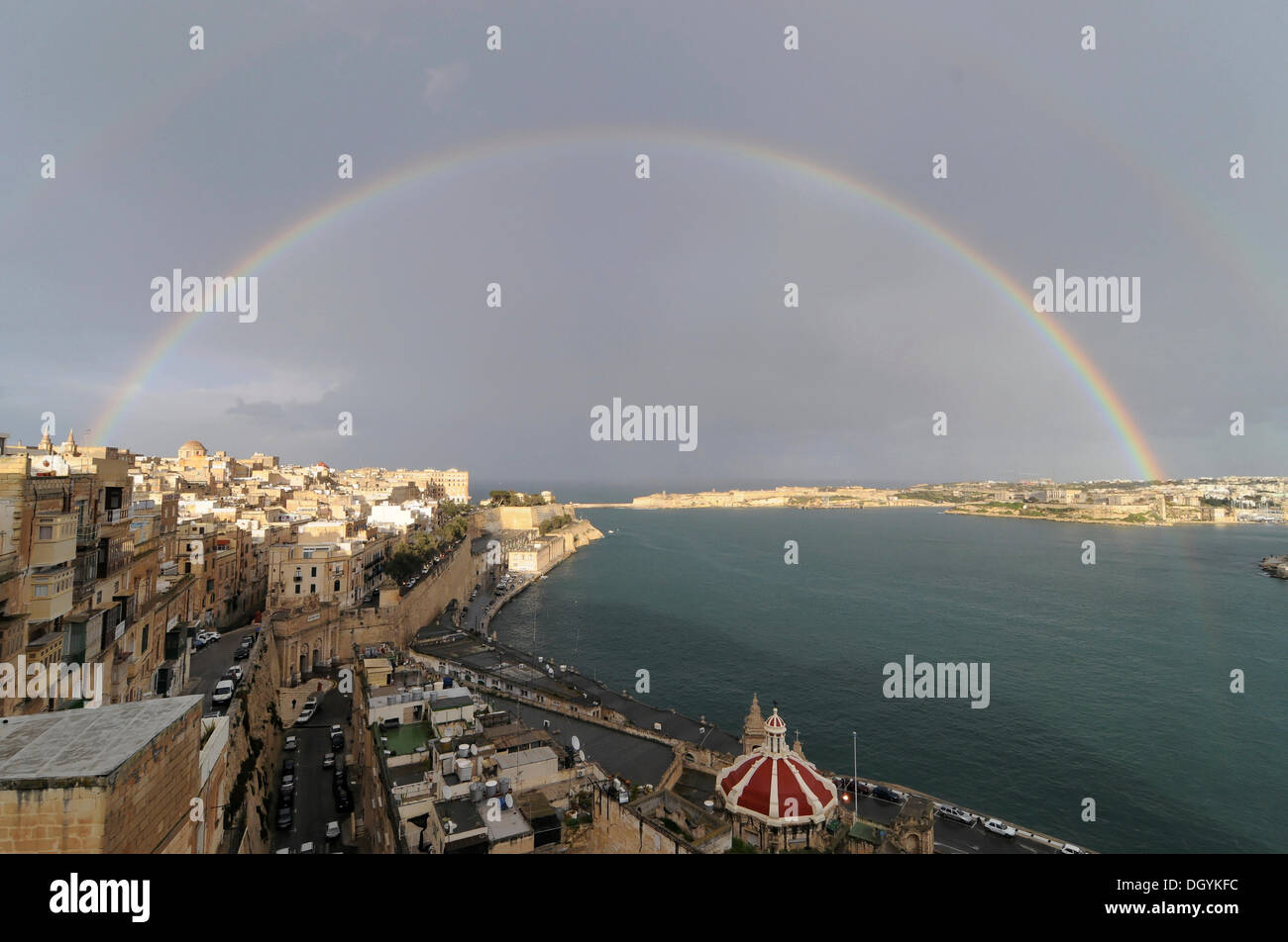 Rainbow, Fisheye, Grand Harbour in Valletta, Malta, Europa Stockfoto