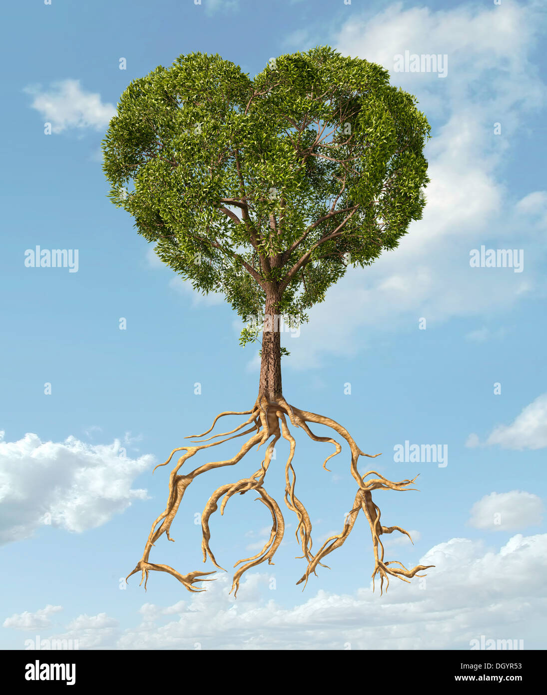 Baum mit Laub mit der Form eines Herzens und Wurzeln als Text Liebe. Am hellblauen Himmel mit flauschigen Wolken. Stockfoto