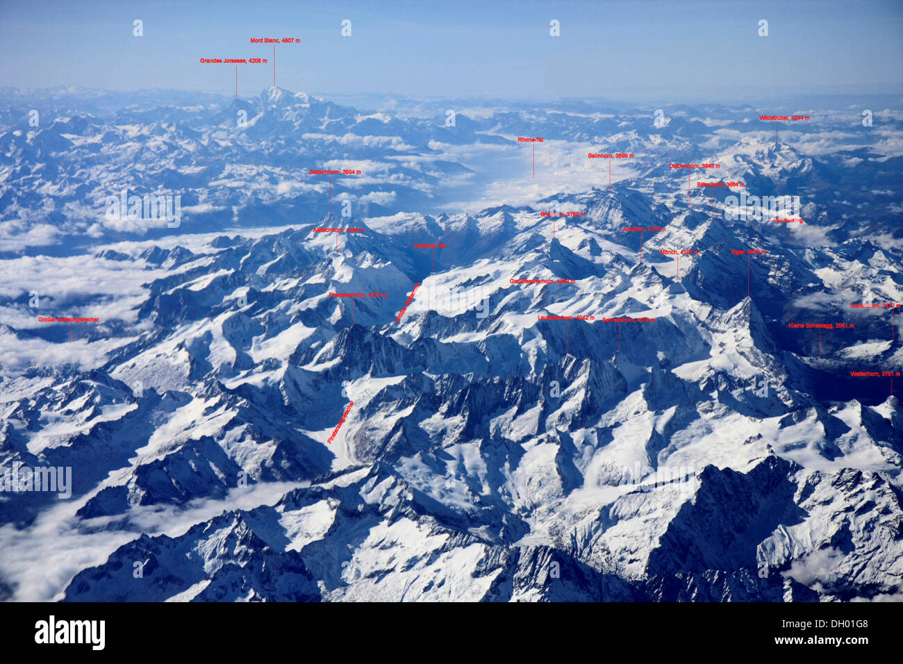 Luftaufnahme der Berner Oberland mit Eiger, Mönch, Jungfrau, Lauteraarhorn, Schreck-, Grossfiescherhorn, Stockfoto