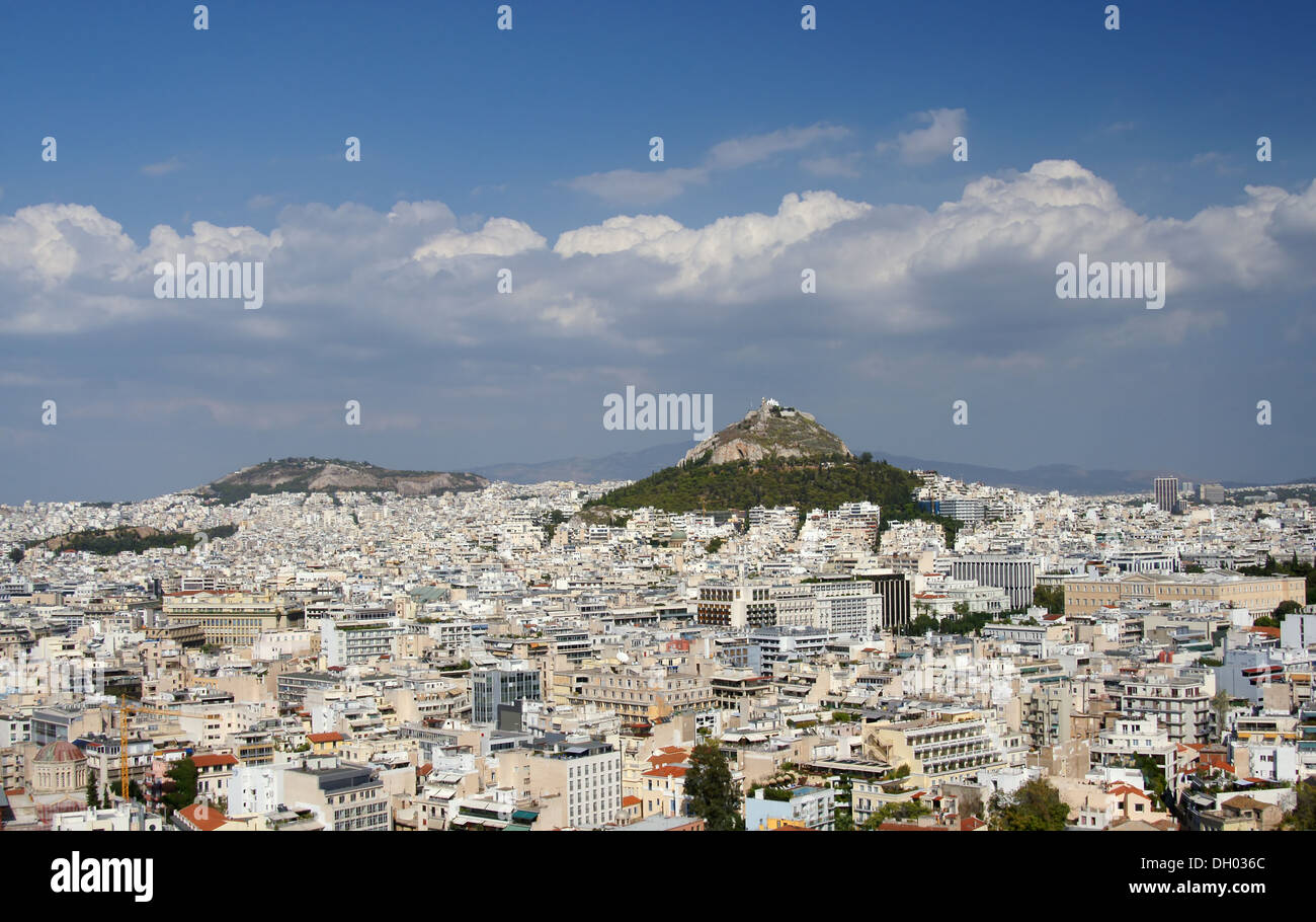 Blick auf Athen und Mount Lycabettus von Akropolis Stockfoto