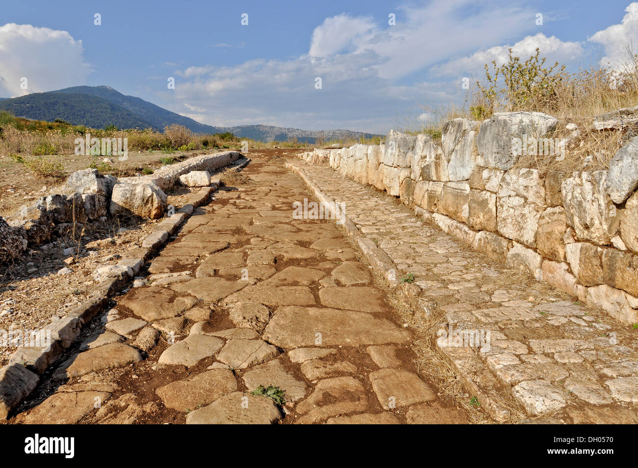 Gepflasterte Straße mit Bürgersteig und Reste einer Mauer, archäologische Stätte der antiken römischen Stadt Norba, 4. Jahrhundert v. Chr. Stockfoto