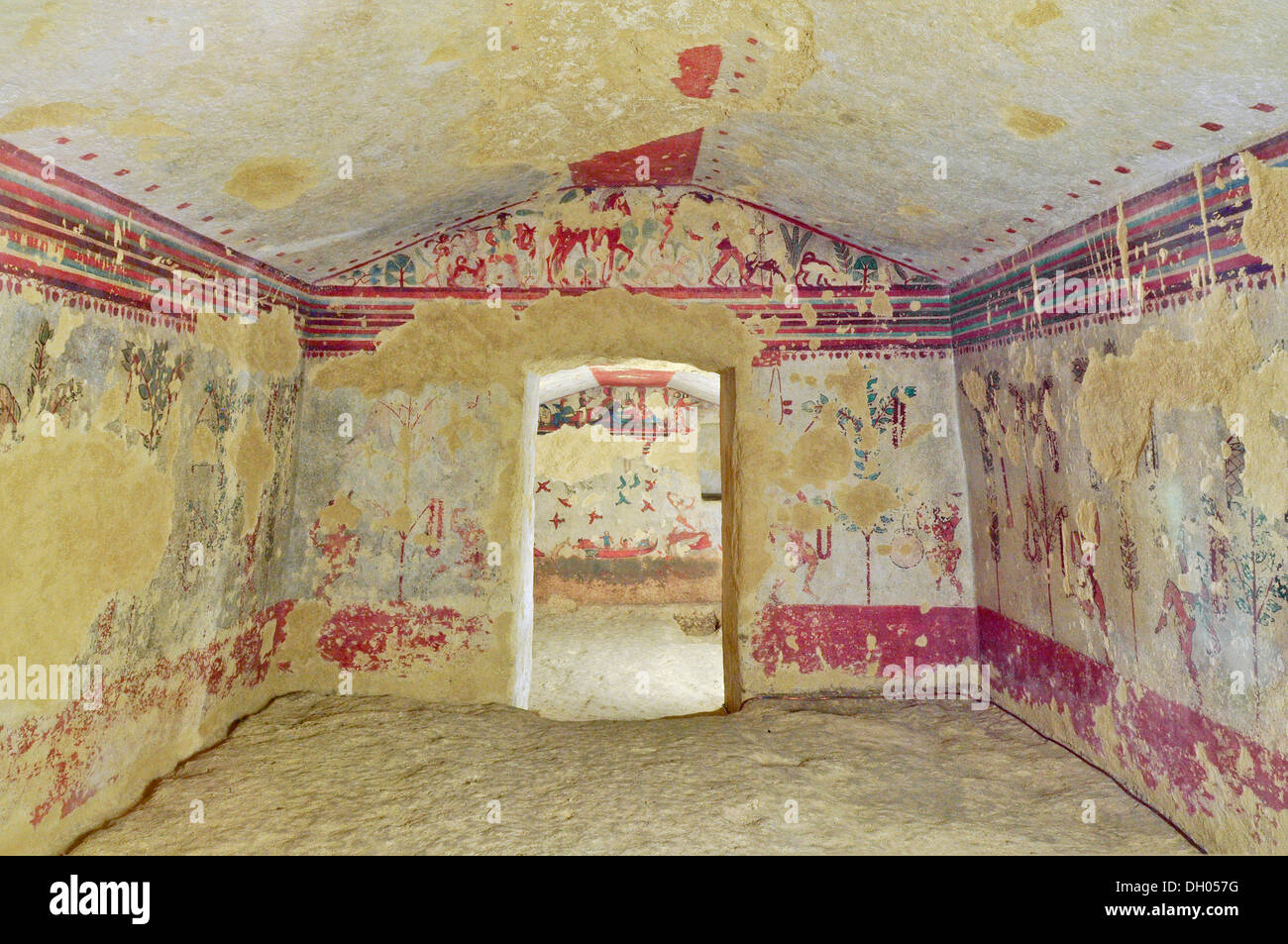 Fresken, Tomba della Caccia e Pesca, das Grab von Jagd und Fischerei, eine etruskischen Grabkammern von Monterozzi Stockfoto