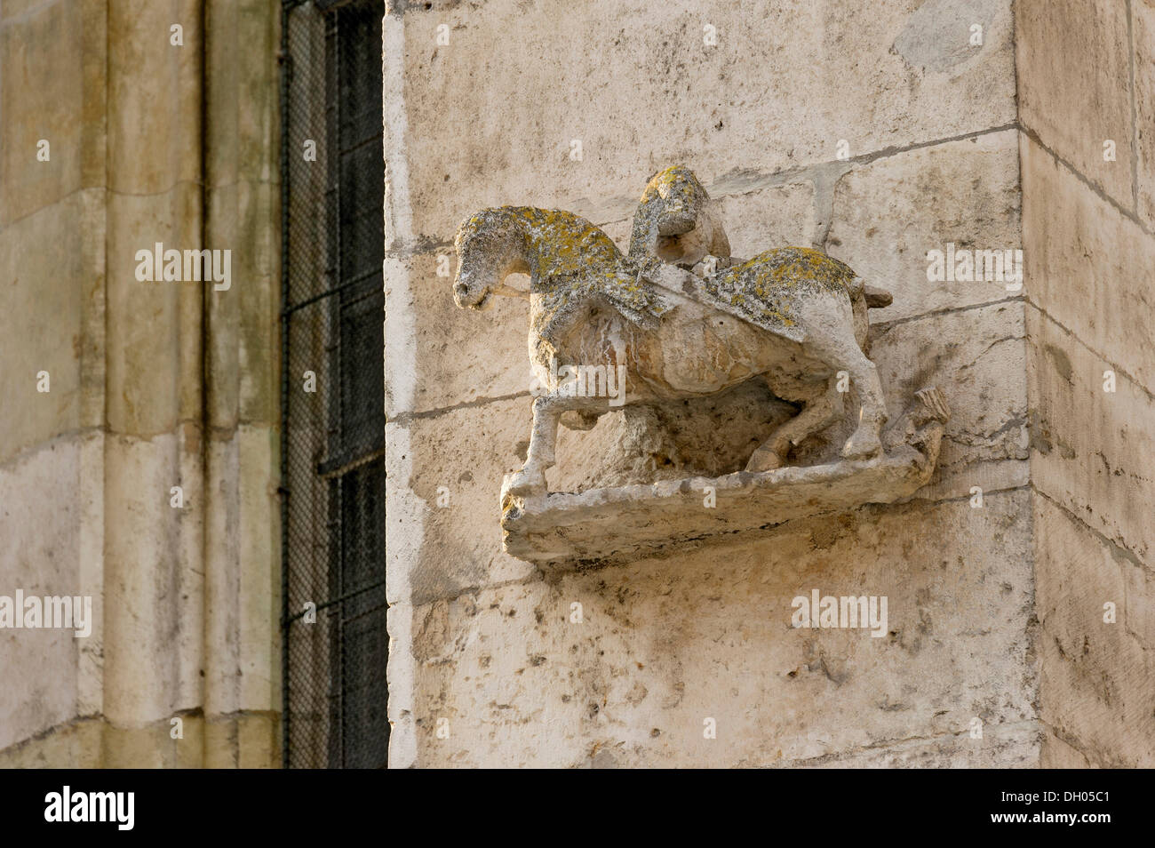 Skulptur von einem Pferd und Reiter, Fassade, St.-Petri Dom, Regensburg, Oberpfalz, Bayern Stockfoto