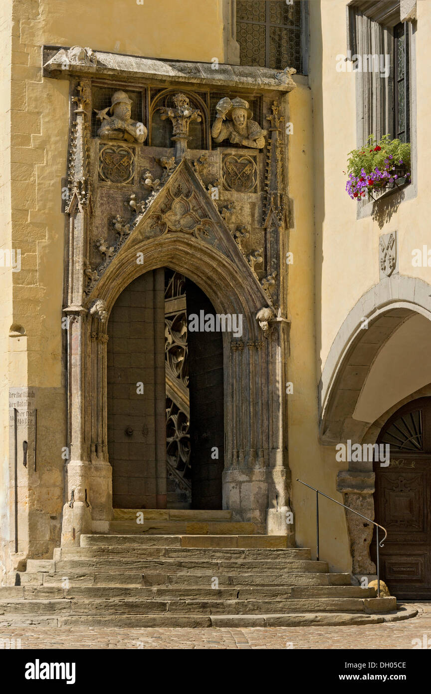 Portal zum Kaisersaal, Reichssaal, altes Rathaus, Altstadt von Regensburg, Oberpfalz, Bayern Stockfoto