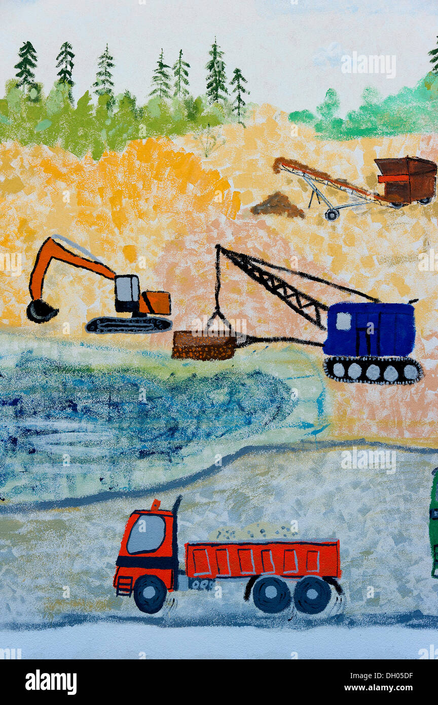Naive Wandmalerei, Bagger und Lastwagen in einer Landschaft bei Erdarbeiten, Bruckberg, untere Bayern, Bayern, Deutschland Stockfoto