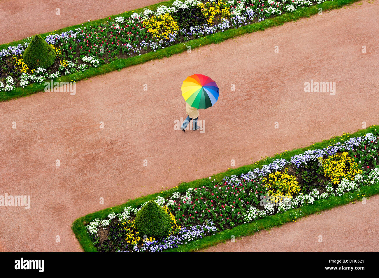 Person mit einem Regenschirm in Regenbogenfarben auf einem roten Feldweg zwischen Blumenbeeten im Schlosspark, Stadtschloss Stadtschloss Stockfoto