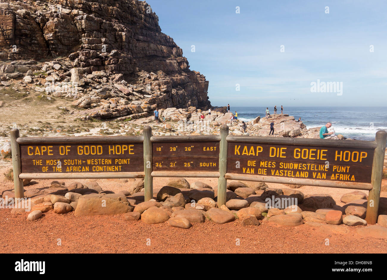 Kap der guten Hoffnung, Südafrika - Wegweiser und Touristen Stockfoto