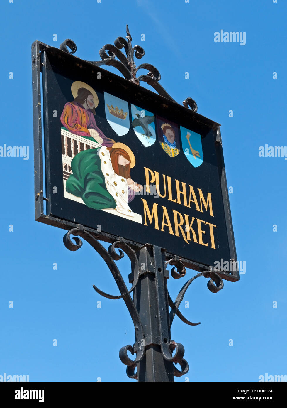 Das Dorf Zeichen für pulham Markt in Norfolk, England, Großbritannien Stockfoto