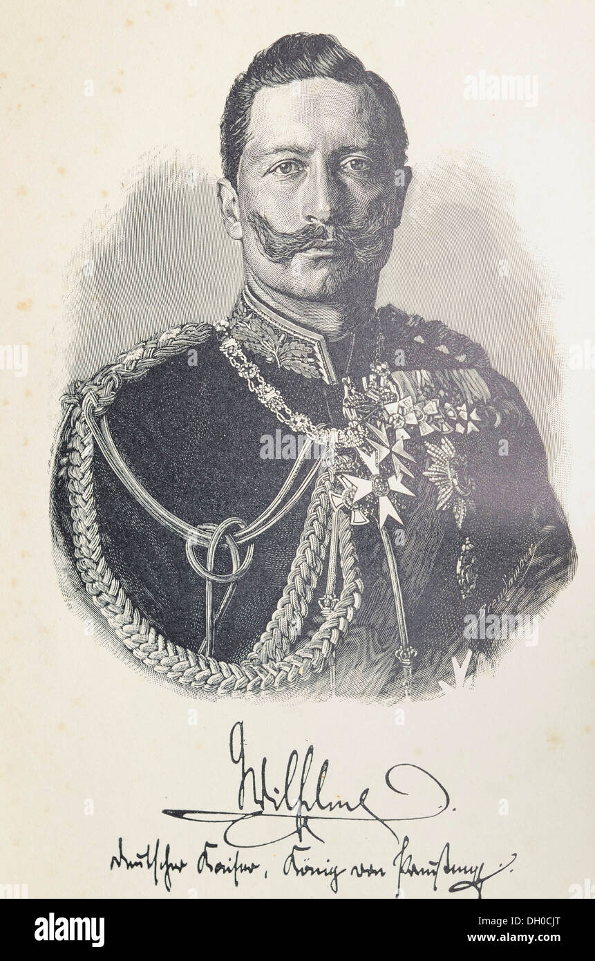 Illustration, Lithographie, Portrait von Kaiser Friedrich Wilhelm II. mit einem Faksimile-Unterschrift, nach den original-Fotografie von Stockfoto