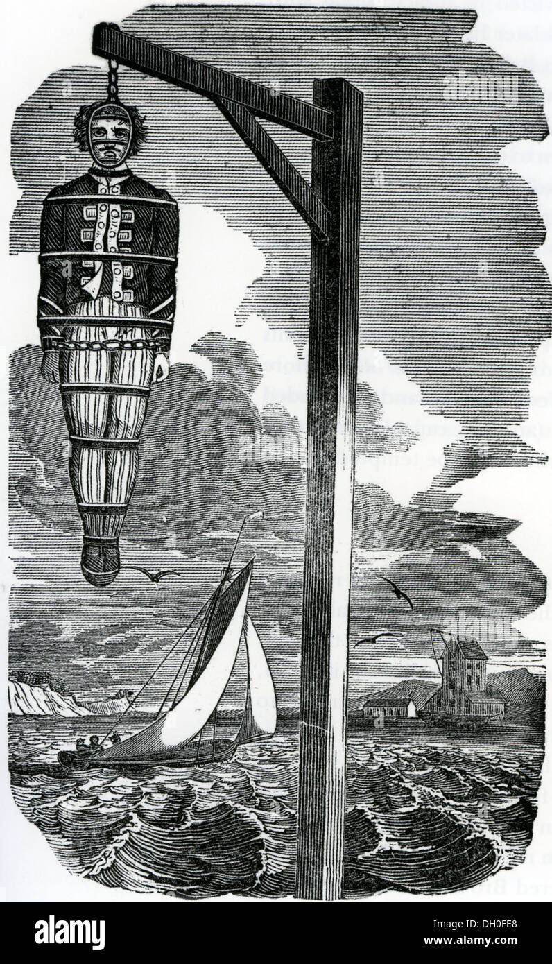 Schottischen Piraten CAPTAIN WILLIAM KIDD (1645-1701-c) ist in Ketten hing über der Themse an Tilbury Punkt nach seiner Hinrichtung Stockfoto