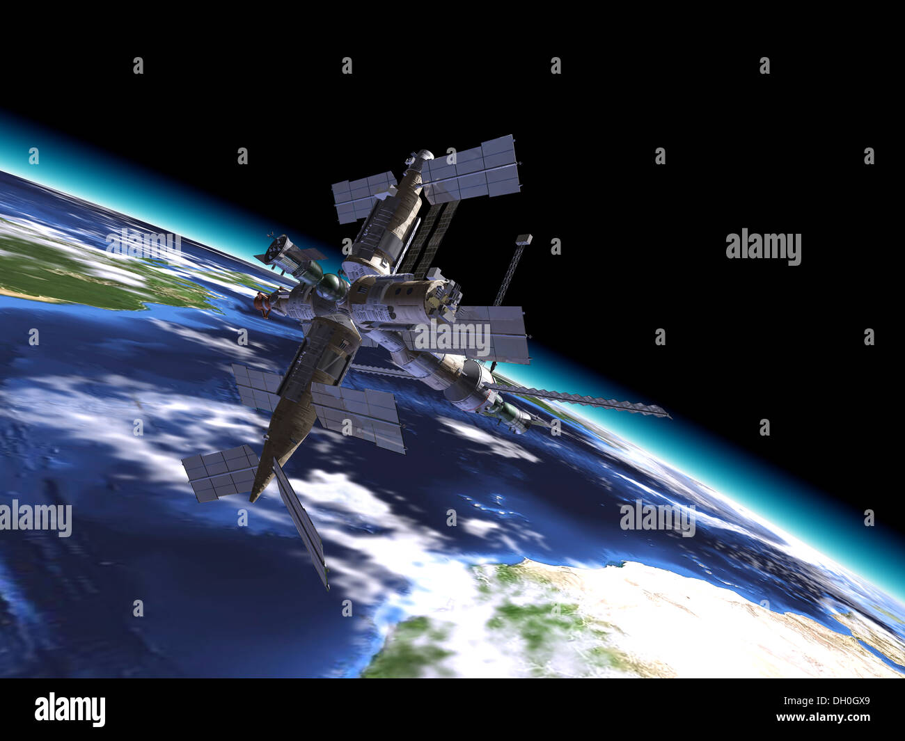 Russische Raumstation, im Orbit auf der Erde, mit Nahaufnahme. Stockfoto